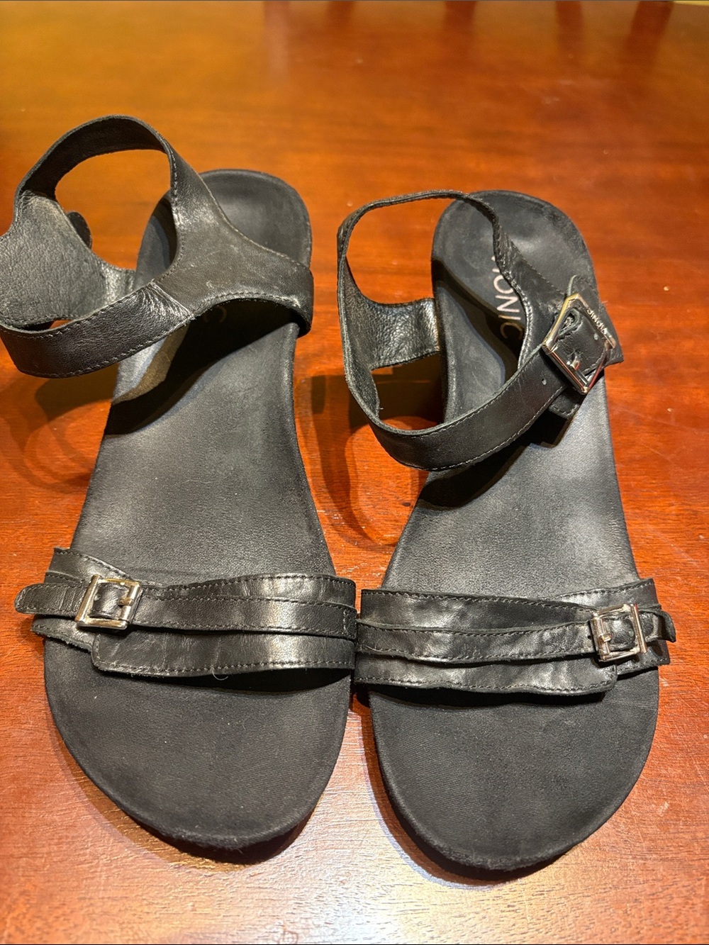Vionic Black Leather Strappy Buckle Sandals